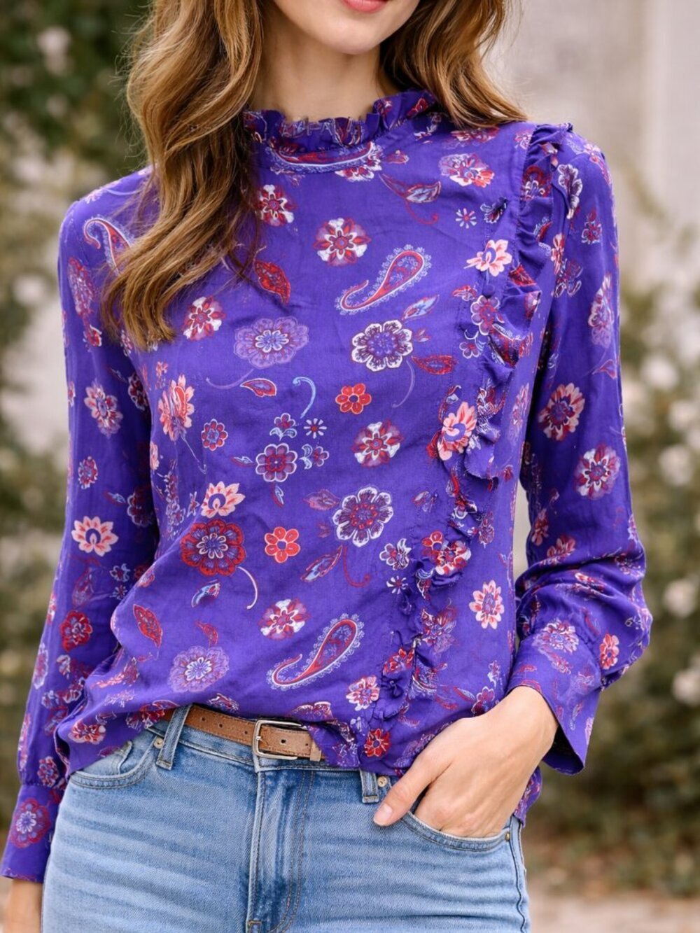 Claudie Pierlot Silk Floral Blouse Ruffle Neck Size 38 Blue Red Paisley